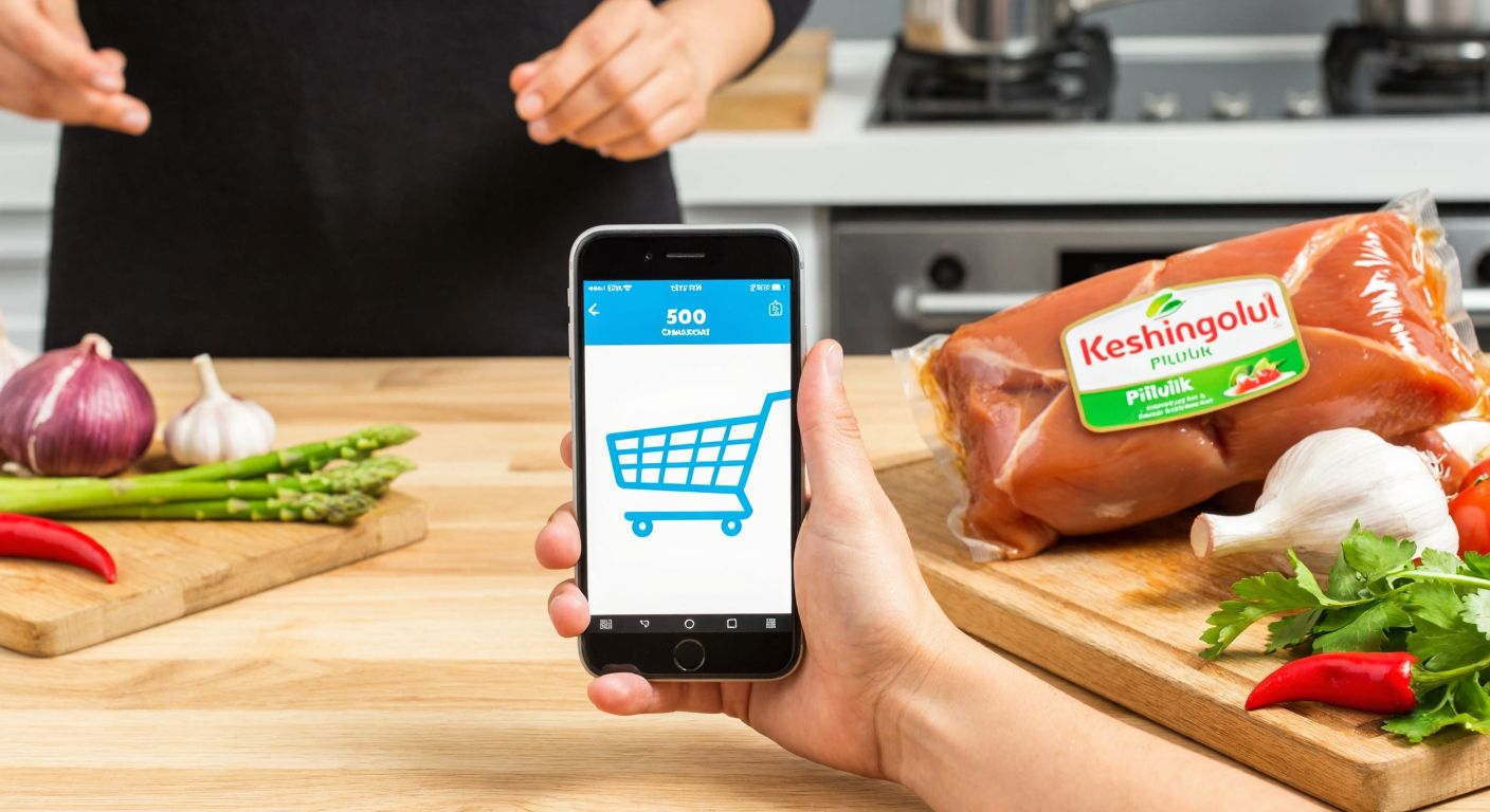 A person in a Turkish kitchen browsing a smartphone screen with a shopping cart icon, surrounded by fresh ingredients and a package labeled "Keskinoğlu Piliç Taşlık" on a wooden counter.