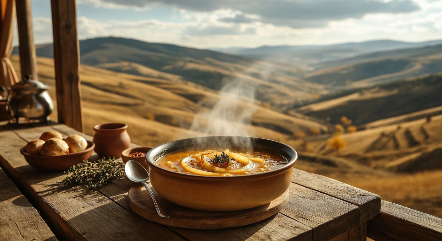A steaming bowl of golden onion soup sits on a rustic wooden table in a cozy Sivas home, with a backdrop of rolling Anatolian hills and a warm, inviting atmosphere.