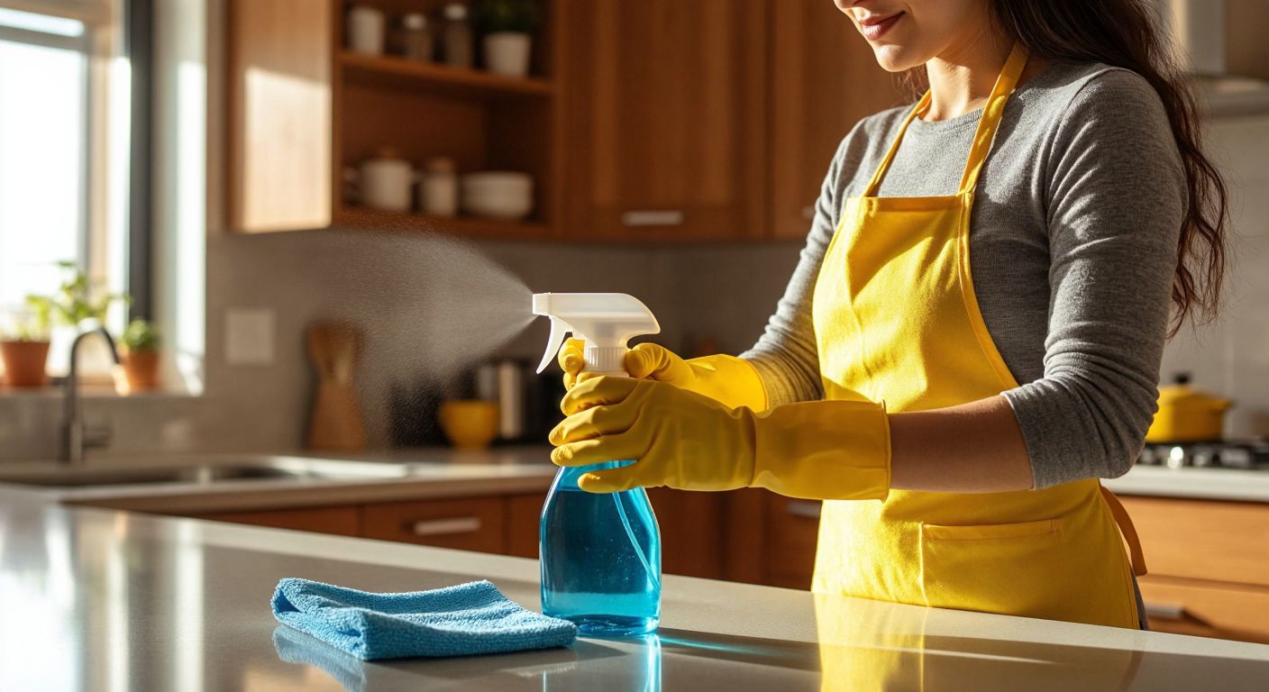 A Turkish woman wearing yellow rubber gloves sprays Dixi Bref surface cleaner onto a kitchen counter while wiping it with a blue cloth, surrounded by a tidy home setting with warm lighting.