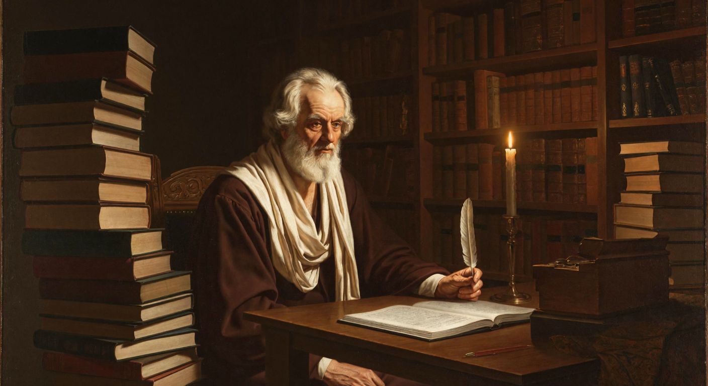 A thoughtful elderly philosopher with a quill in hand sits at a wooden desk in a dimly lit study, surrounded by towering stacks of books, his gaze fixed on a flickering candle as if questioning the nature of knowledge itself.