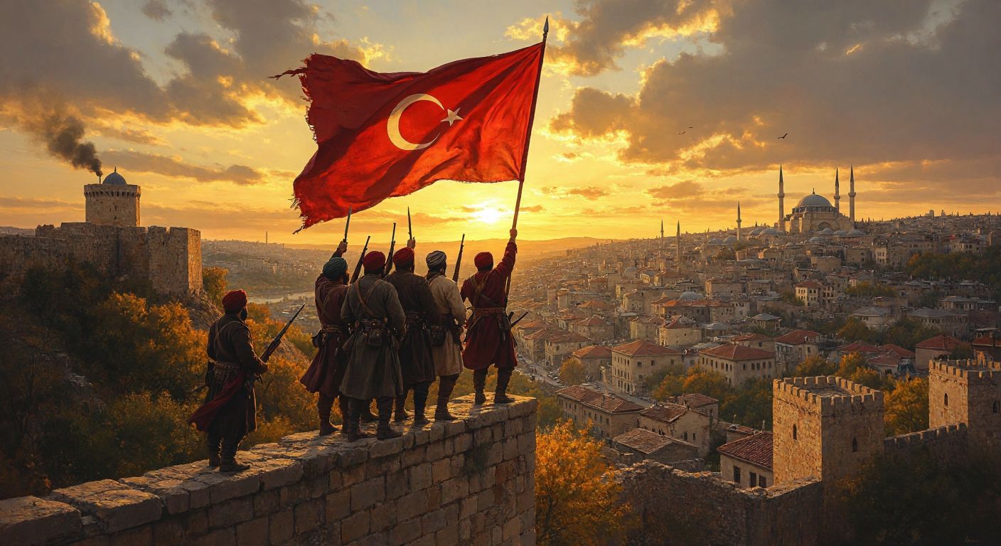 A determined group of Turkish fighters in traditional attire stand victoriously atop the ancient stone walls of Gaziantep, waving a tattered flag under a golden sunset, with the city’s historic skyline in the background.