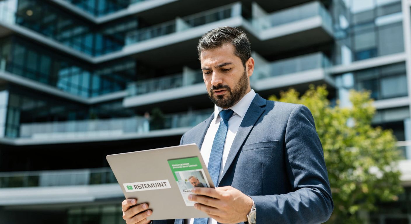 A Turkish man in a business suit stands thoughtfully in front of a modern office building, holding a retirement fund brochure while looking at conflicting online reviews on a laptop screen.