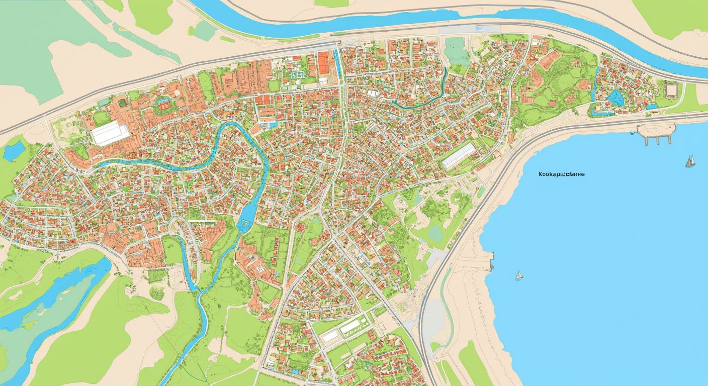 A colorful map of Istanbul's Küçükçekmece district with distinct neighborhoods subtly shaded in different hues, separated by winding streets and dotted with small houses, mosques, and bustling market stalls.