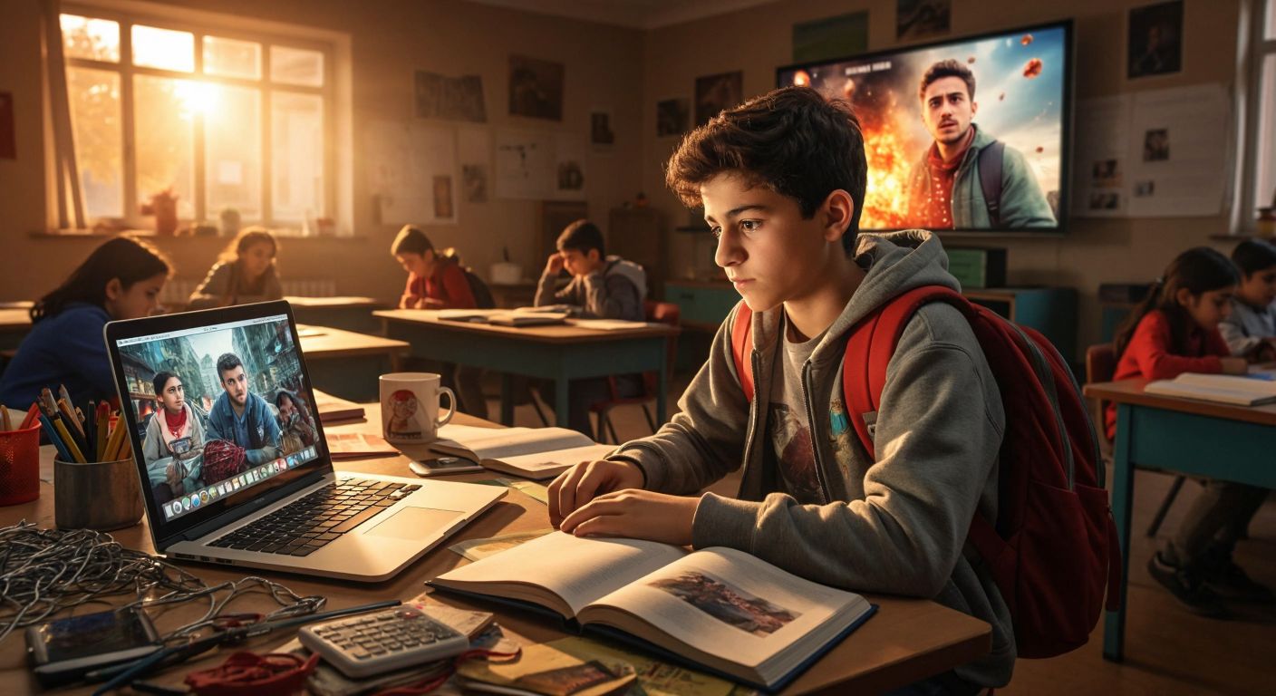 A young student in a Turkish classroom eagerly searches for a movie on a streaming platform, surrounded by scattered notebooks and a laptop displaying a film poster.