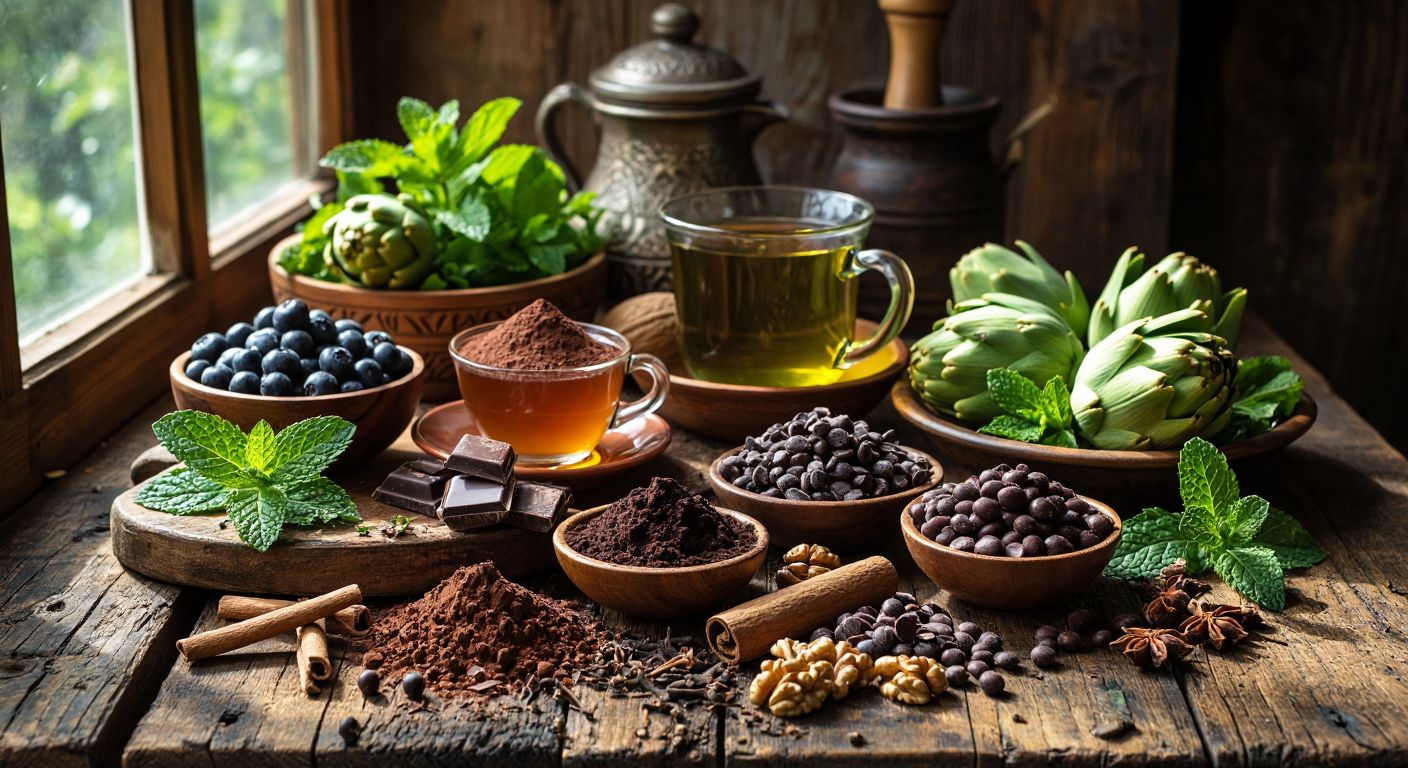 A vibrant wooden table in a Turkish kitchen is richly adorned with fresh cloves, dried mint, cocoa powder, dark chocolate, blueberries, black beans, walnuts, artichokes, and steaming cups of black and green tea, all glowing under warm sunlight.