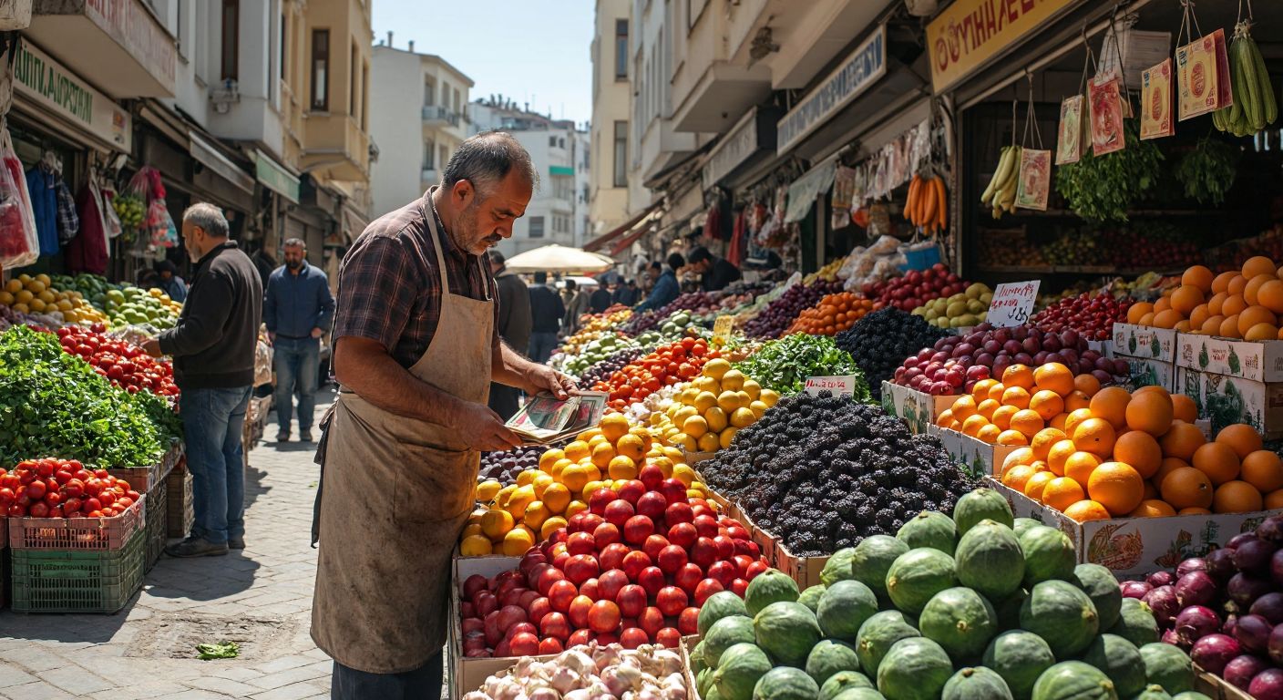 A bustling Turkish open-air market with vibrant piles of fresh fruits and vegetables, a vendor in a worn apron counting colorful banknotes, and customers haggling over prices under a bright sun.