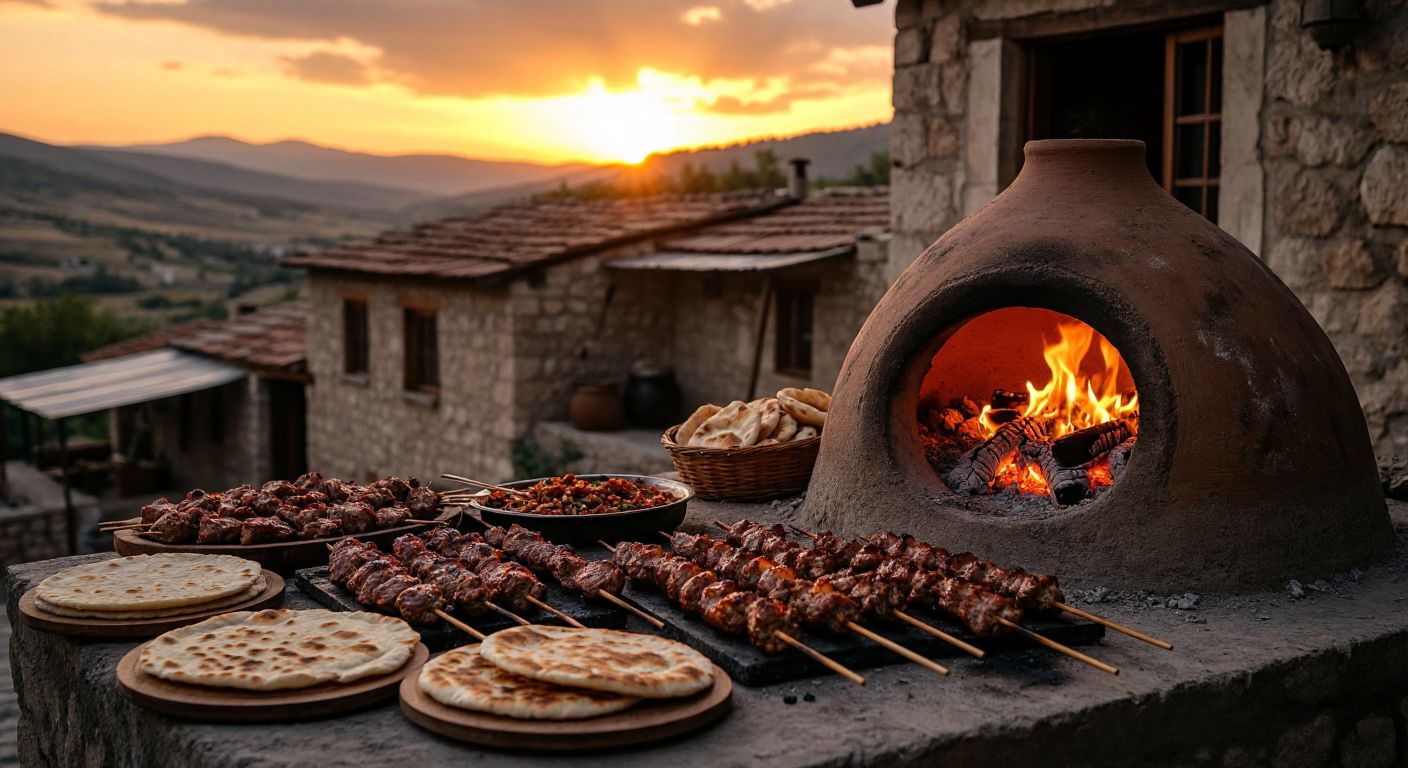 A rustic clay tandır oven glowing with embers, surrounded by skewered meats and fresh flatbreads, set against the backdrop of Denizli’s traditional stone houses under a warm sunset.
