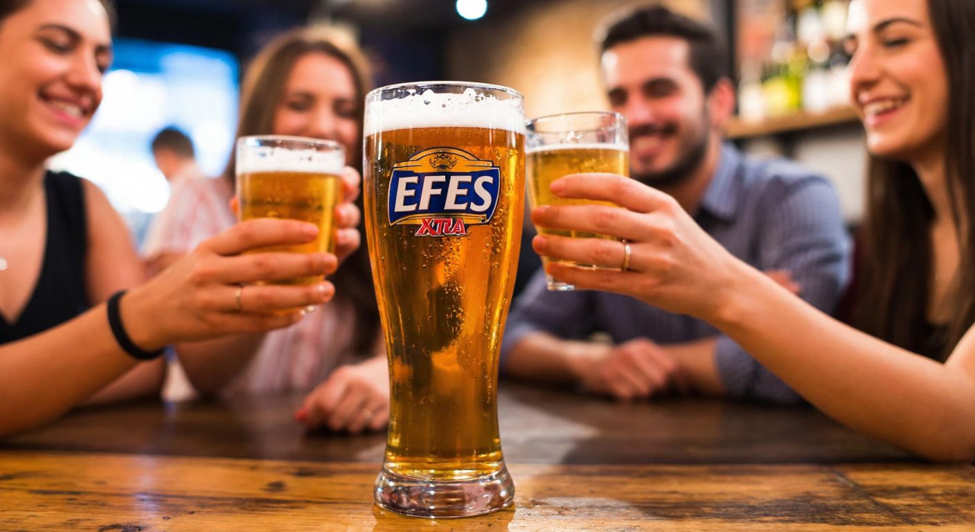 A frosty glass of golden Efes Xtra beer with condensation dripping down, placed on a rustic wooden table in a lively Turkish pub, surrounded by smiling friends clinking their glasses together.