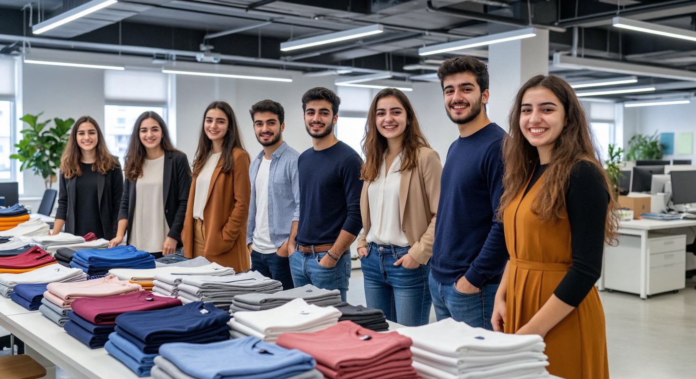 A group of diverse young Turkish students in casual business attire, smiling and collaborating in a bright, modern LC Waikiki office space, with stacks of clothing samples and logistics documents neatly arranged on tables.