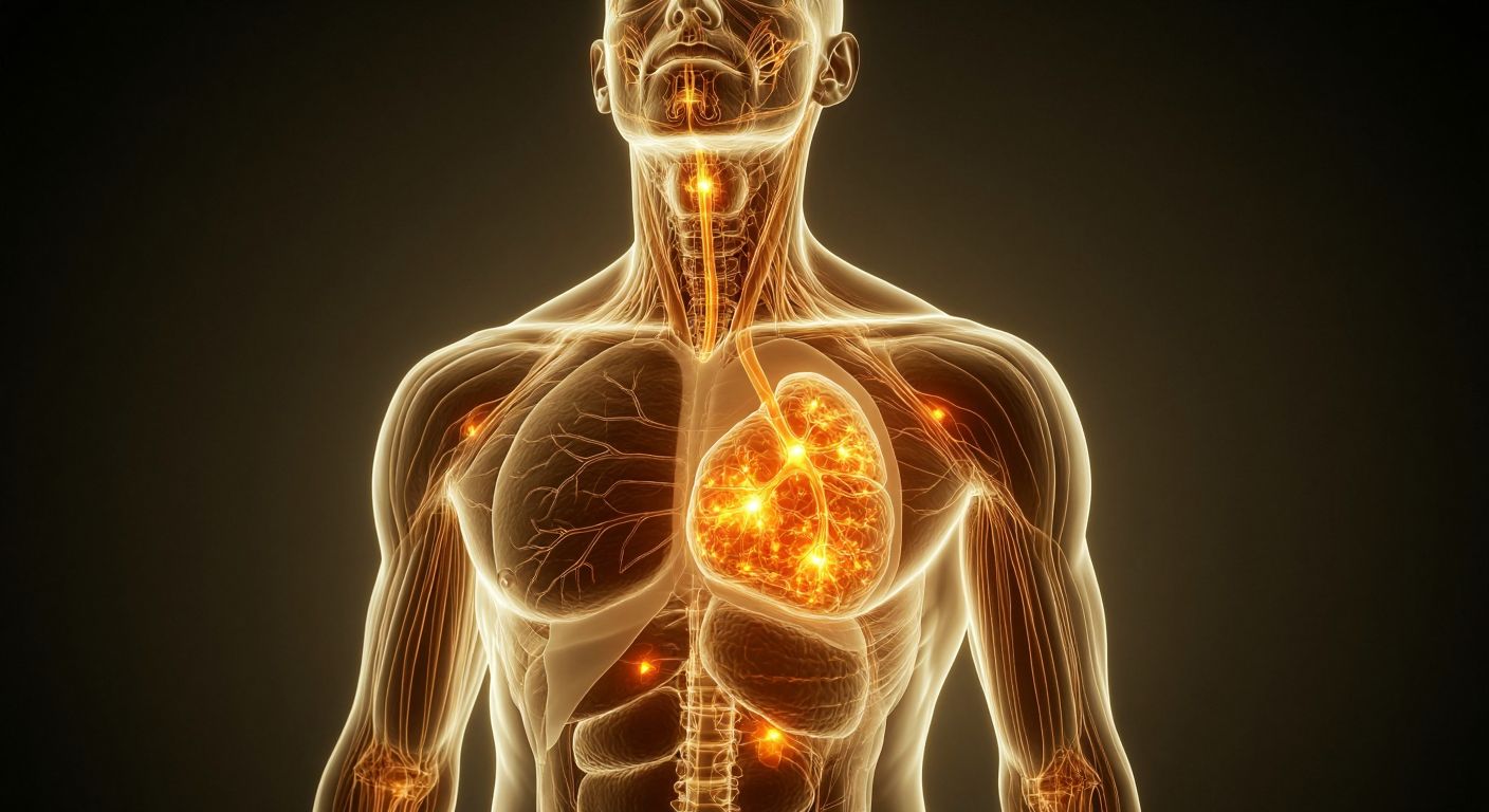 A translucent human silhouette with glowing clusters of lymph nodes highlighted in the neck, armpits, groin, and torso, layered with abstract cross-sections showing cortex, paracortex, and medulla in earthy tones.