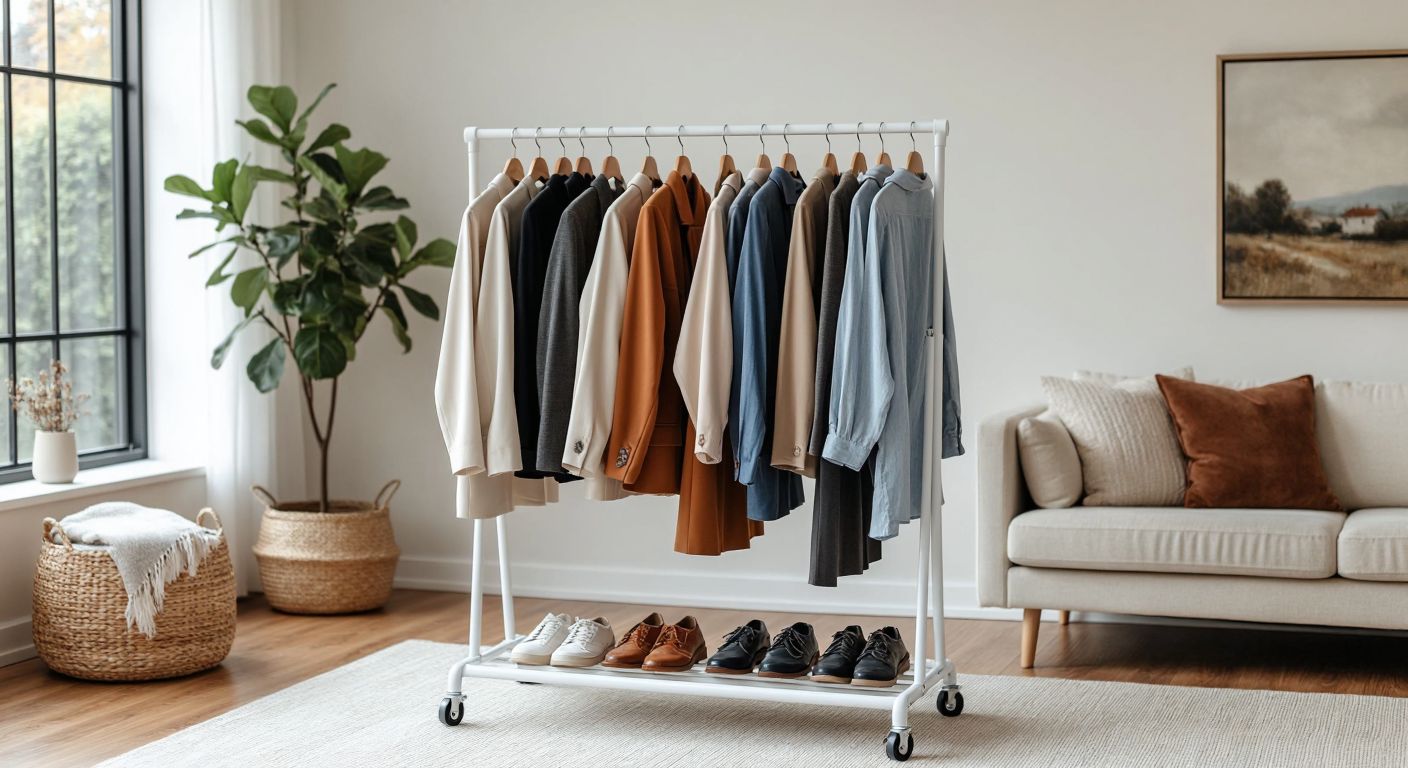 A sleek white freestanding clothing rack with multiple hangers holding neatly arranged jackets, pants, and skirts in a bright, minimalist Turkish living room with wooden floors and neutral-toned furniture.