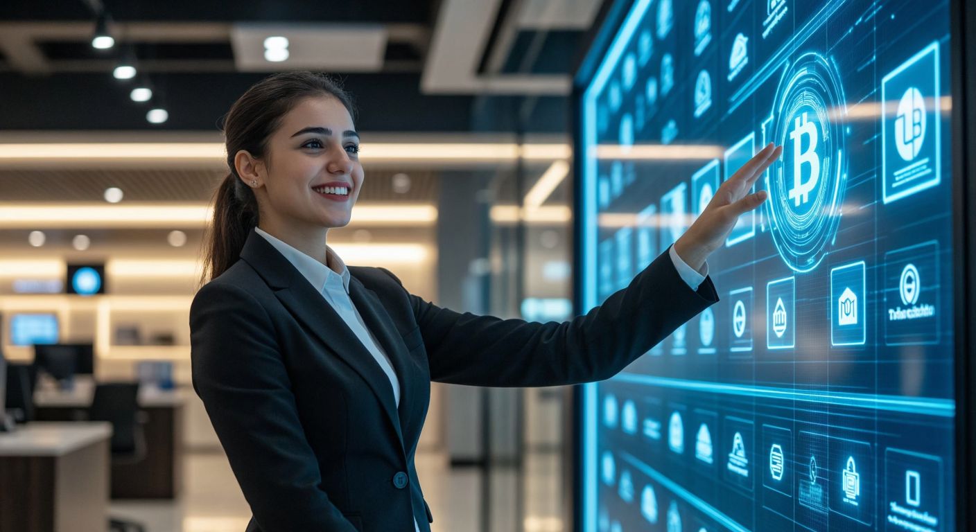 A smiling Turkish bank teller in a crisp uniform gestures toward a glowing digital transaction screen, with logos of various Turkish banks subtly reflected in the background.