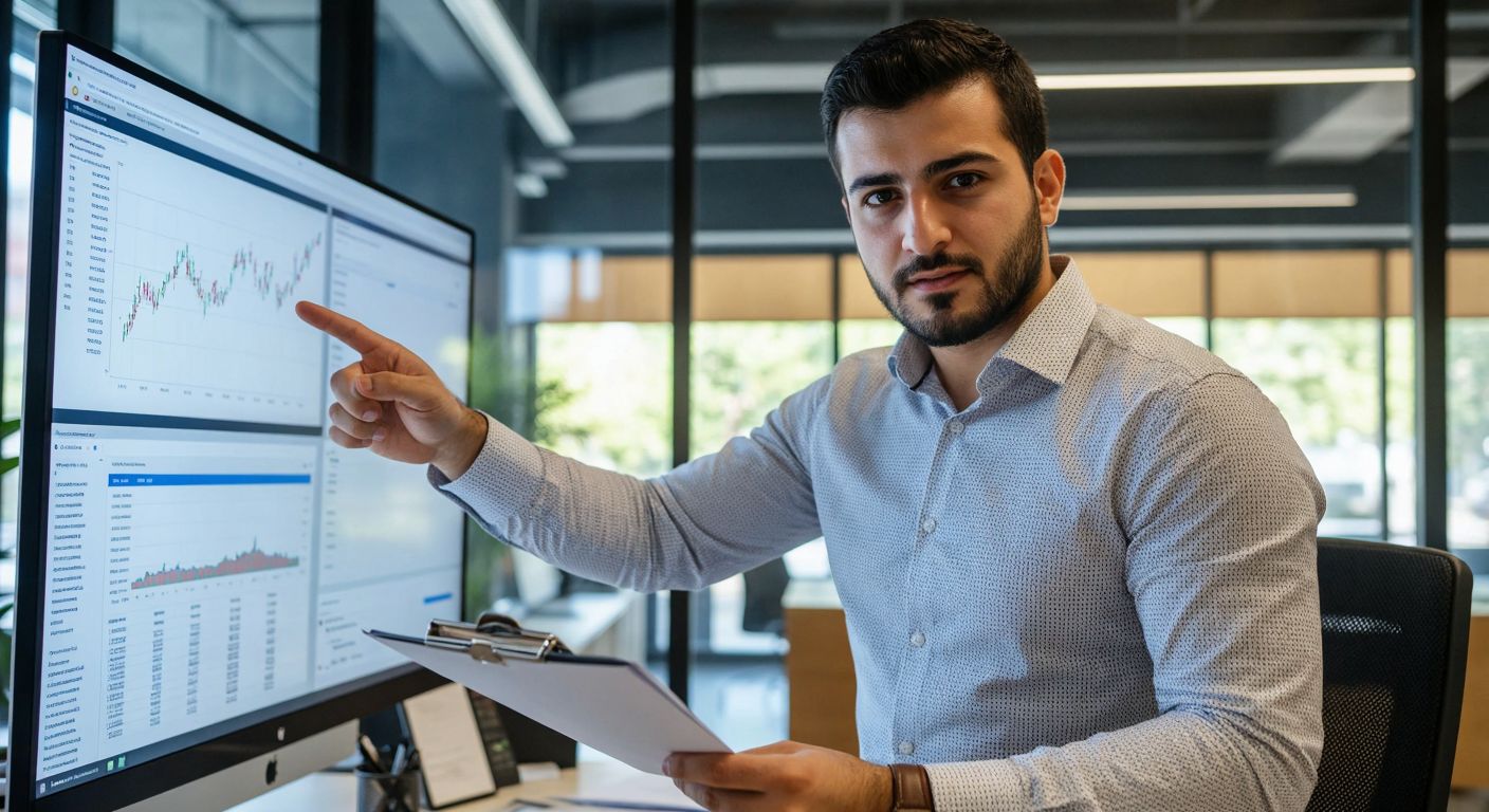 A focused Turkish businessman in a modern office, wearing a crisp shirt, confidently pointing at a stock market chart on a monitor while holding a signed contract in his other hand.