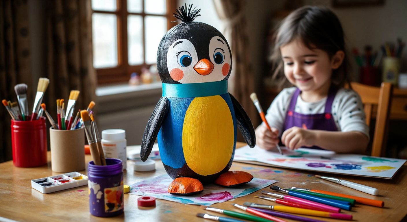 A cheerful child in a cozy Turkish home crafts a colorful penguin figurine from recycled soda bottles and toilet paper rolls, surrounded by scattered art supplies like paintbrushes, glue, and bright ribbons.