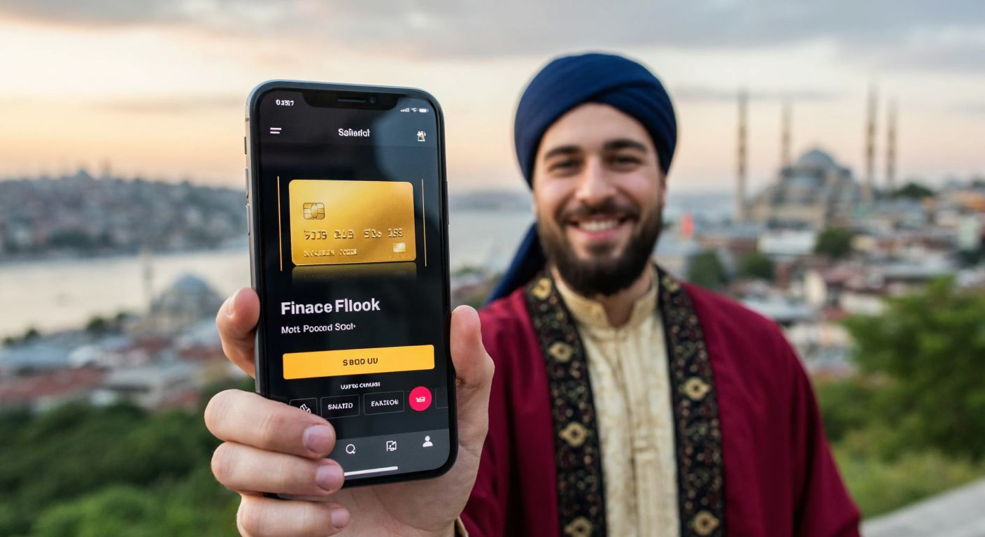 A modern smartphone displaying a sleek finance app interface with a golden card and coins, held by a smiling person in traditional Turkish attire against a backdrop of Istanbul’s skyline.