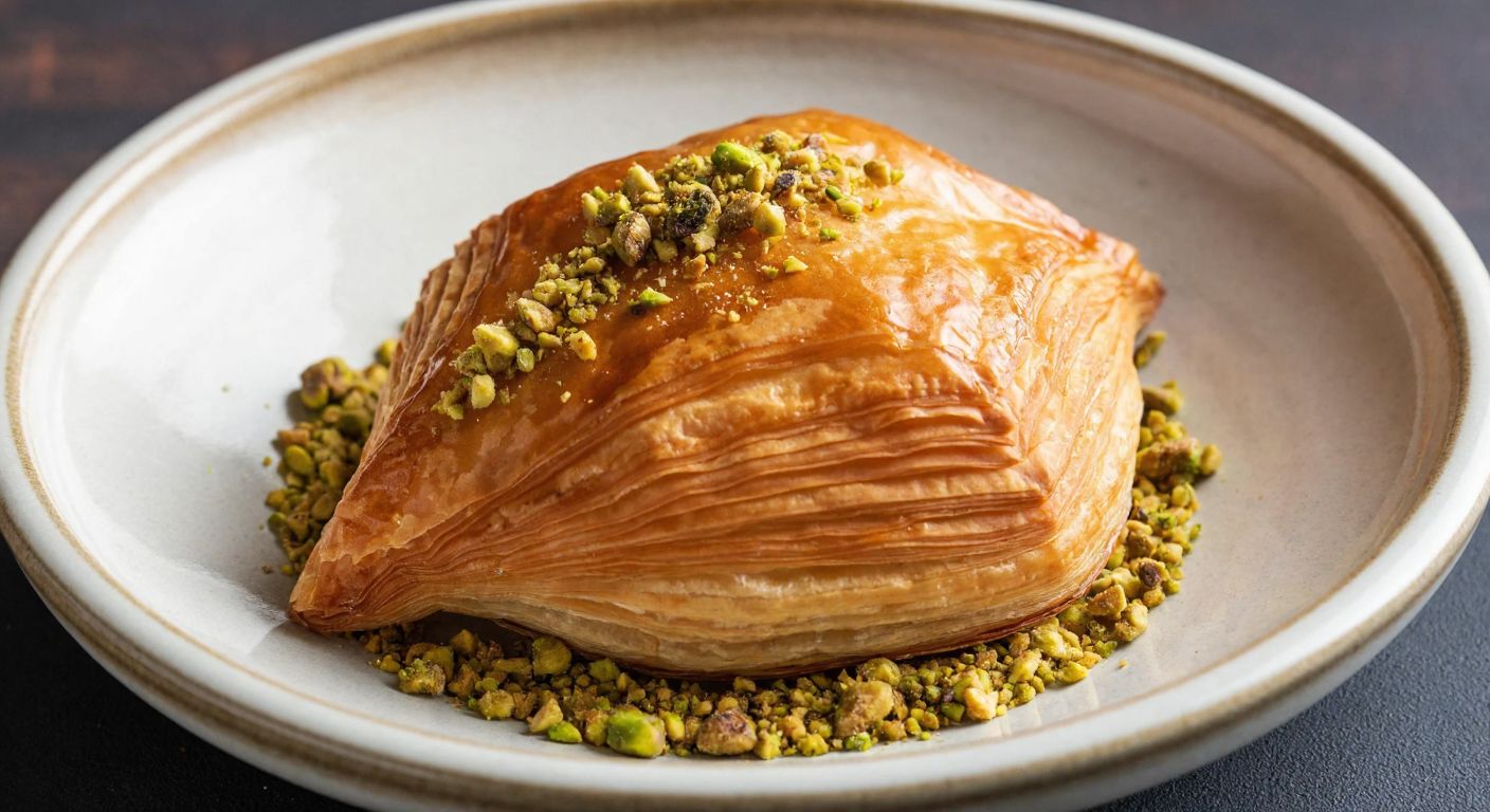 A golden-brown, flaky midye baklava pastry on a ceramic plate, filled with crushed walnuts, drizzled with syrup, and garnished with a sprinkle of pistachios, evoking warmth and indulgence.