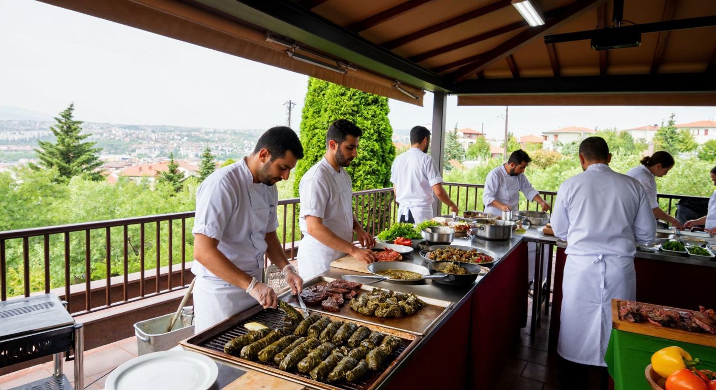 A bustling culinary center in Düzce with chefs in white aprons preparing regional dishes like stuffed vine leaves and grilled meats, surrounded by lush greenery and a panoramic city view.