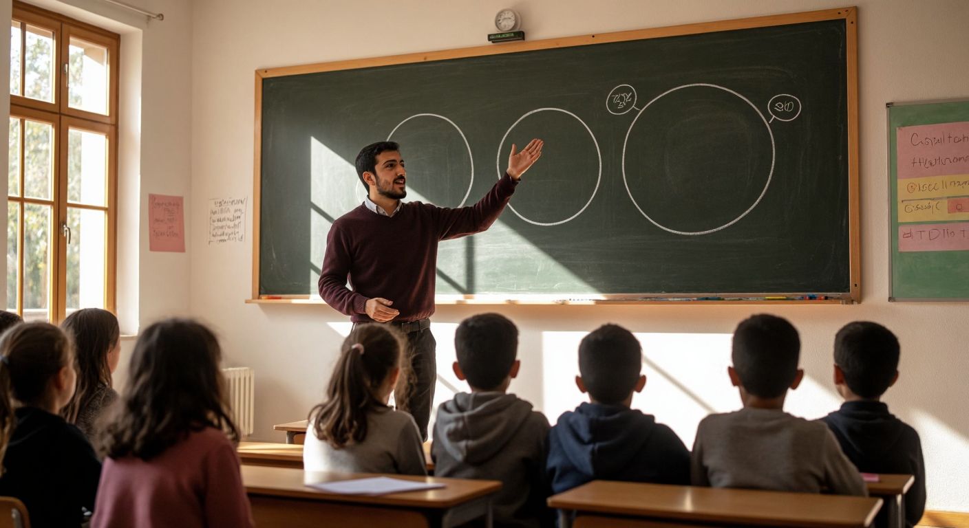 A Turkish teacher in a sunlit classroom gestures enthusiastically toward a chalkboard displaying three overlapping circles labeled (invisibly) to represent cognitive, affective, and psychomotor domains, while students of varied ages observe with focused curiosity.  

*(Note: The description avoids explicit text by implying the domains through visual metaphor (overlapping circles) and context (teacher-student interaction).)*