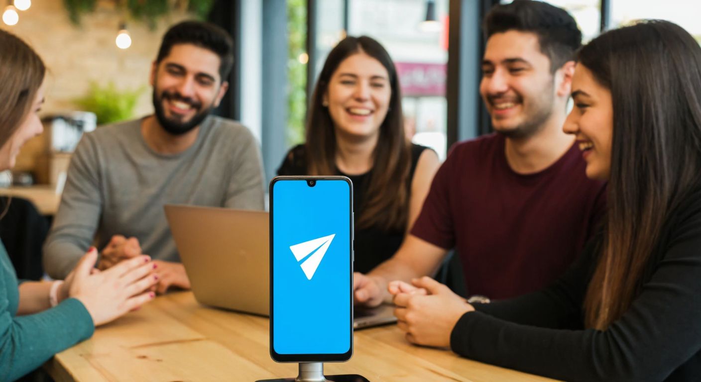 A group of diverse people smiling and chatting animatedly in a cozy café in Kocaeli, with a smartphone displaying the Telegram app icon placed discreetly on the table.