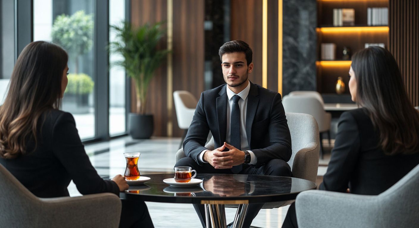 A young professional in a formal suit sits confidently across from two bank interviewers in a sleek, modern office, with a warm Turkish tea set on the table between them.