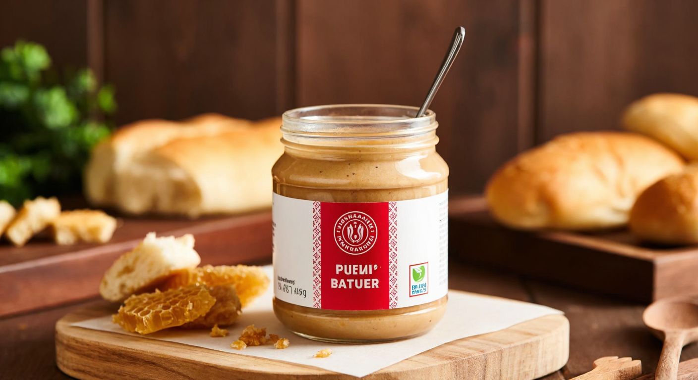 A jar of creamy peanut butter with a red and white label sits on a wooden table in a Turkish kitchen, surrounded by fresh bread and honeycomb, evoking warmth and local pride.