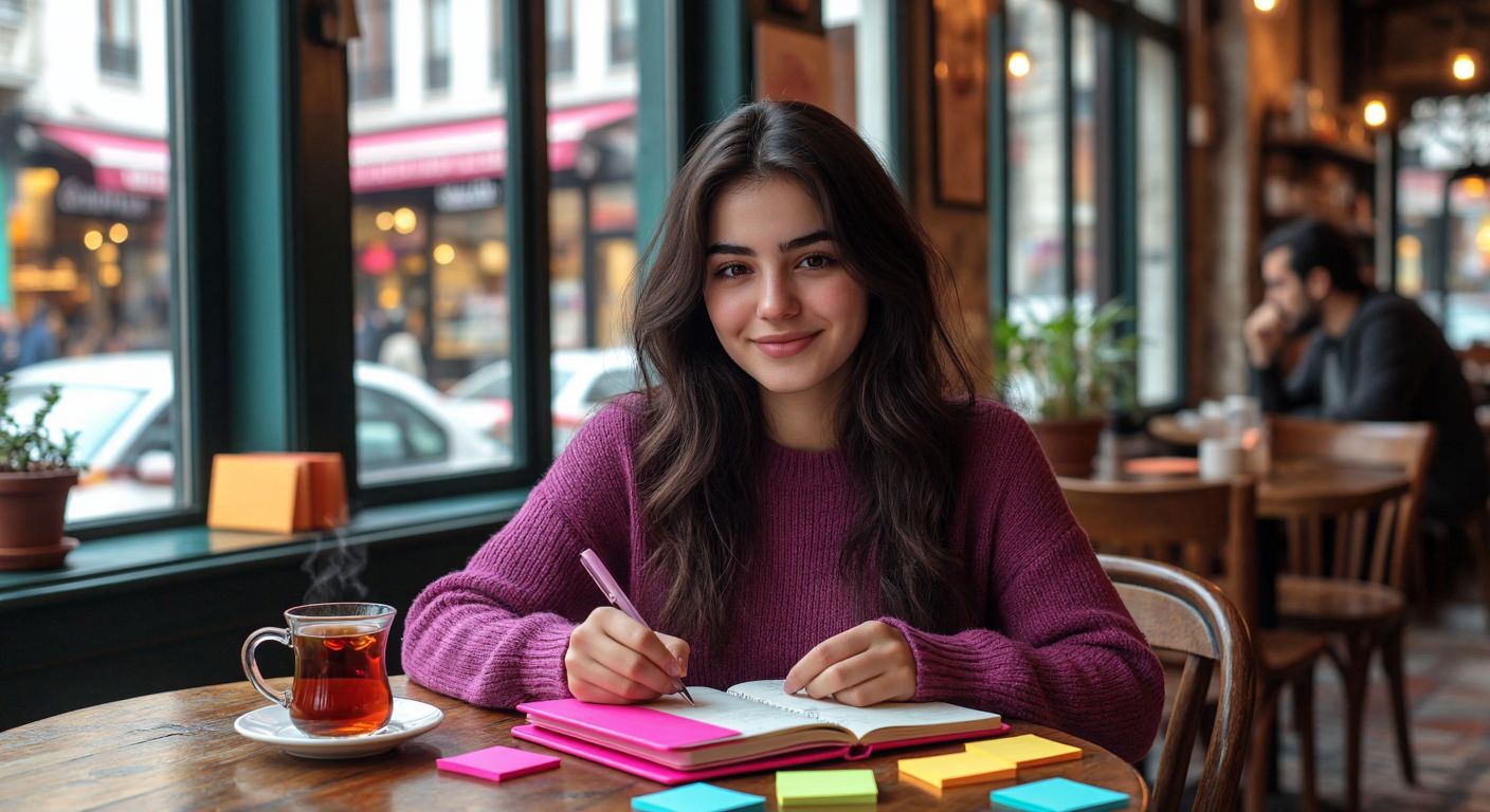 A young woman with dark hair and warm brown eyes sits at a cozy café table in Istanbul, smiling as she writes in a vibrant pink planner surrounded by a steaming cup of Turkish tea and scattered colorful sticky notes.