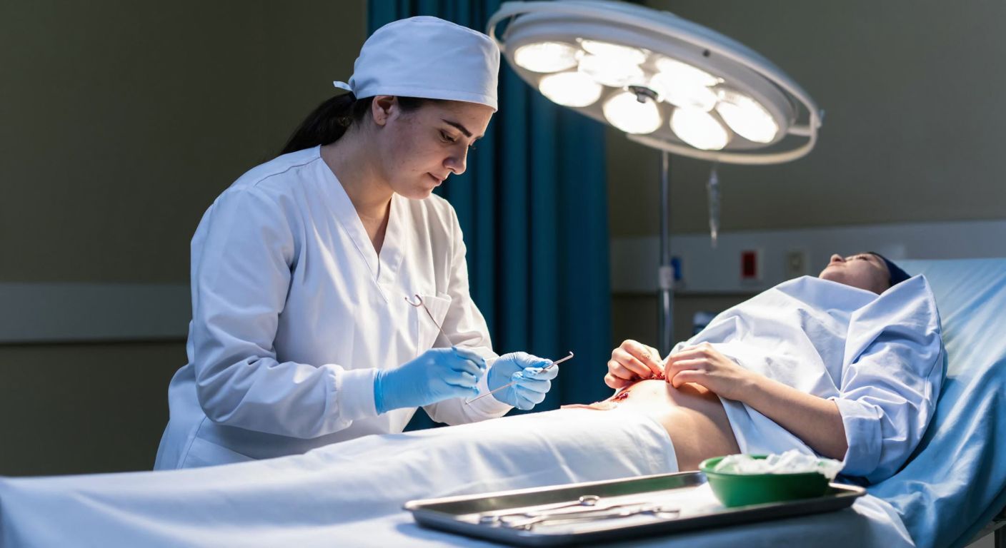 A young Turkish nurse in a white uniform and cap carefully sutures a patient's wound under bright hospital lights, with medical tools neatly arranged on a sterile tray beside her.