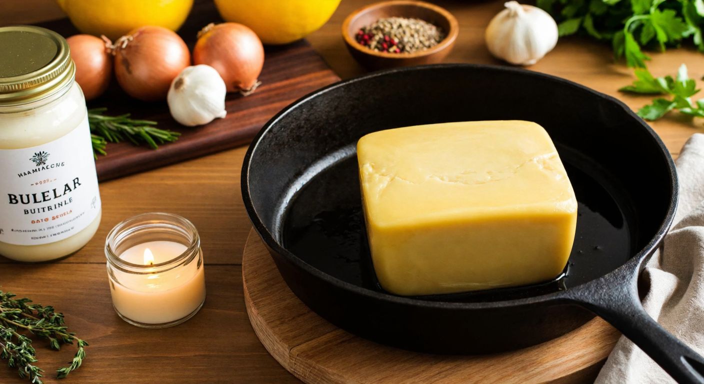 A rustic Turkish kitchen scene with a golden block of beef tallow melting in a cast-iron pan, surrounded by fresh ingredients like onions and herbs, while a jar of homemade soap and a small candle sit nearby on a wooden counter.