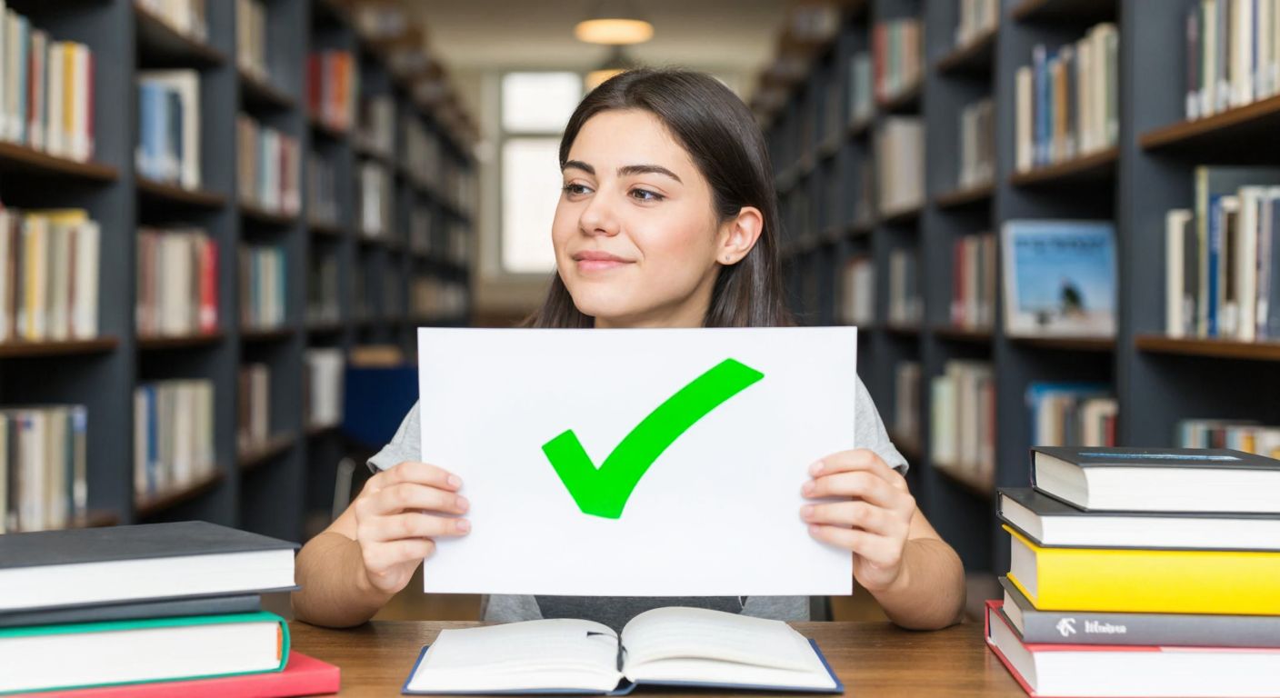 A young Turkish student in a university library, looking relieved while holding a graded exam paper with a bright green checkmark, surrounded by stacks of books and a laptop.