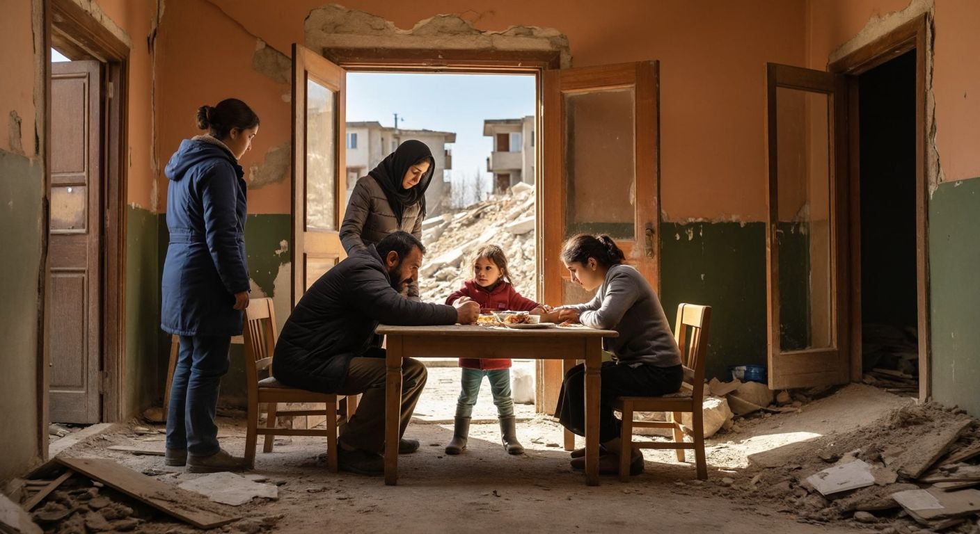 A Turkish family huddles under a sturdy wooden table indoors during an earthquake, with one parent shielding a child while another peers cautiously toward a cracked doorway leading outside.