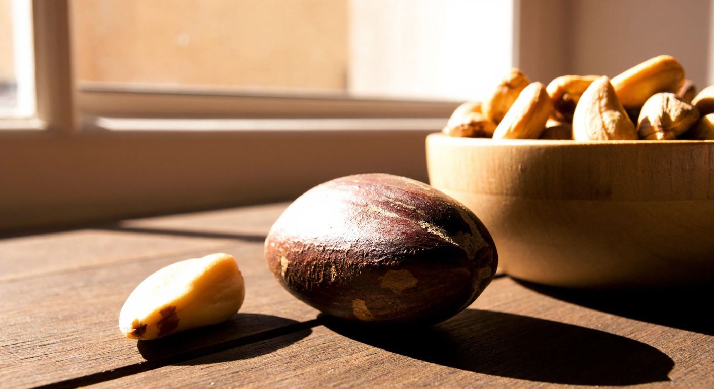 A single Brazil nut resting on a wooden table beside a small bowl of nuts, with warm sunlight filtering through a nearby window, evoking a sense of natural health and moderation.