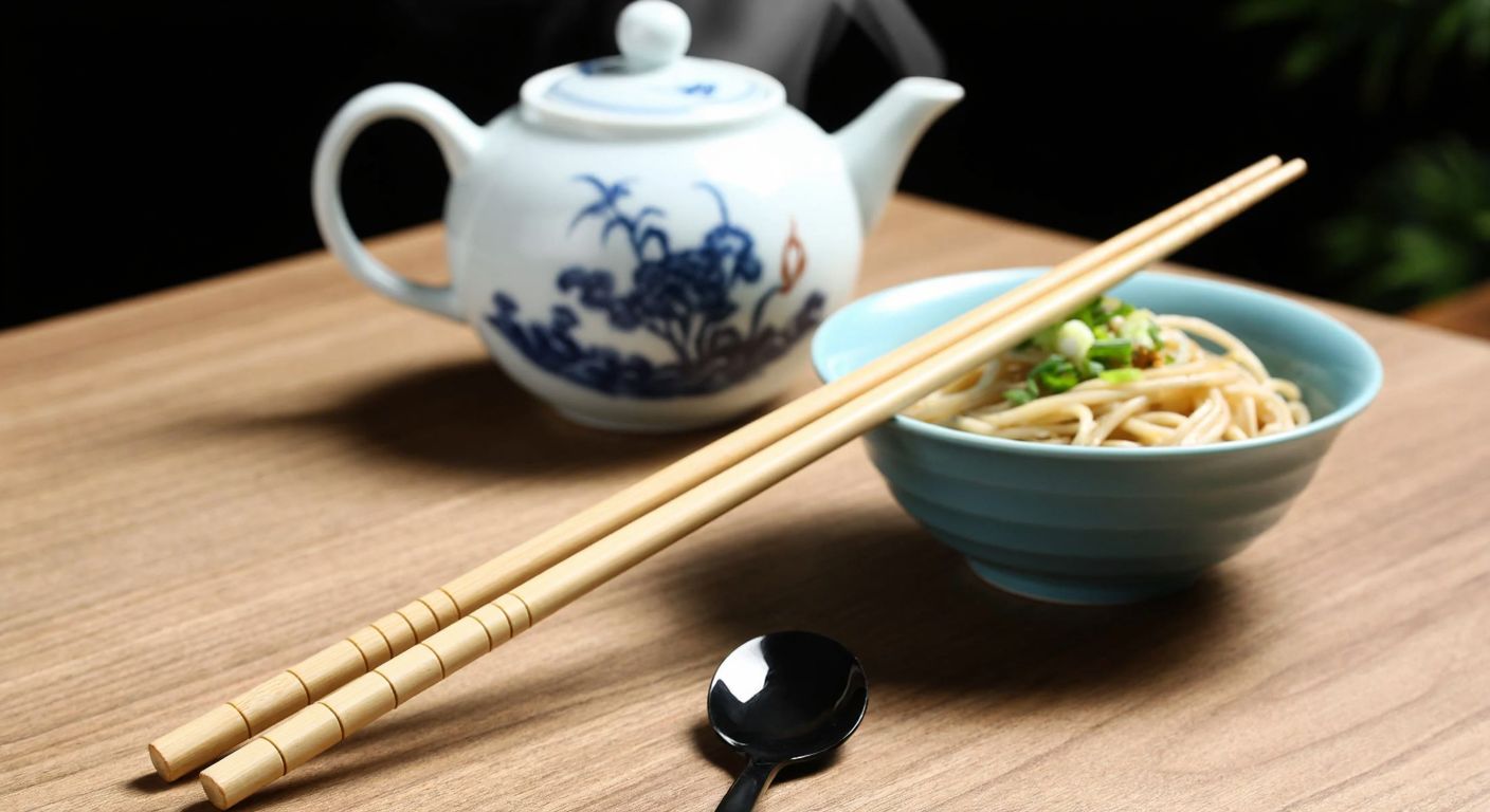 A pair of smooth bamboo chopsticks resting on a wooden table beside a steaming bowl of noodles, with a Chinese porcelain teapot in the background.