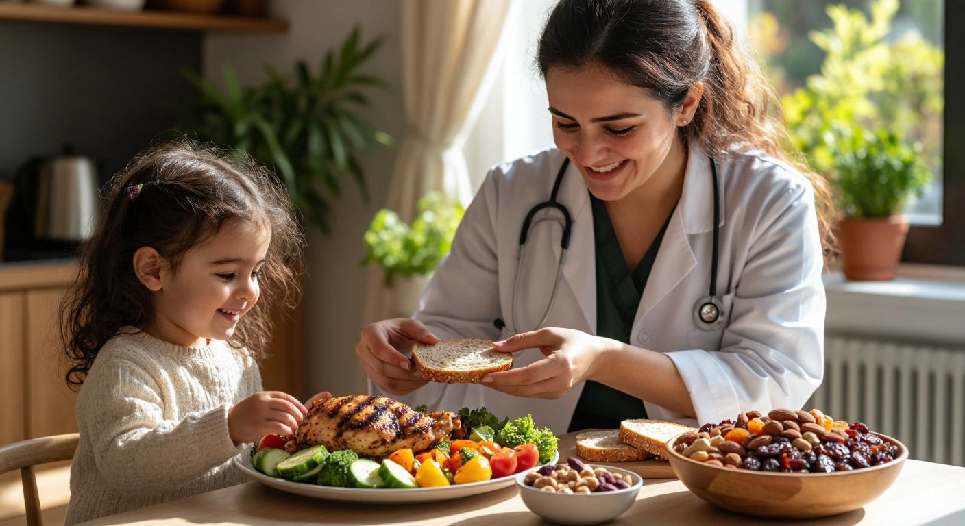 A smiling Turkish nutritionist in a white coat gently places a colorful plate of fresh vegetables, grilled chicken, and whole-grain bread in front of an overweight child, while a bowl of mixed nuts and dried fruits sits nearby on a sunlit kitchen table.