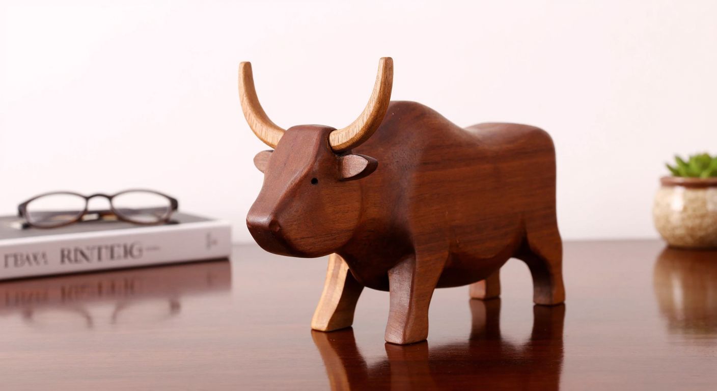 A wooden animal-shaped glasses holder, shaped like a playful bull or cow, sits on a polished wooden table in a cozy Turkish home, neatly holding a pair of glasses while adding rustic charm to the decor.