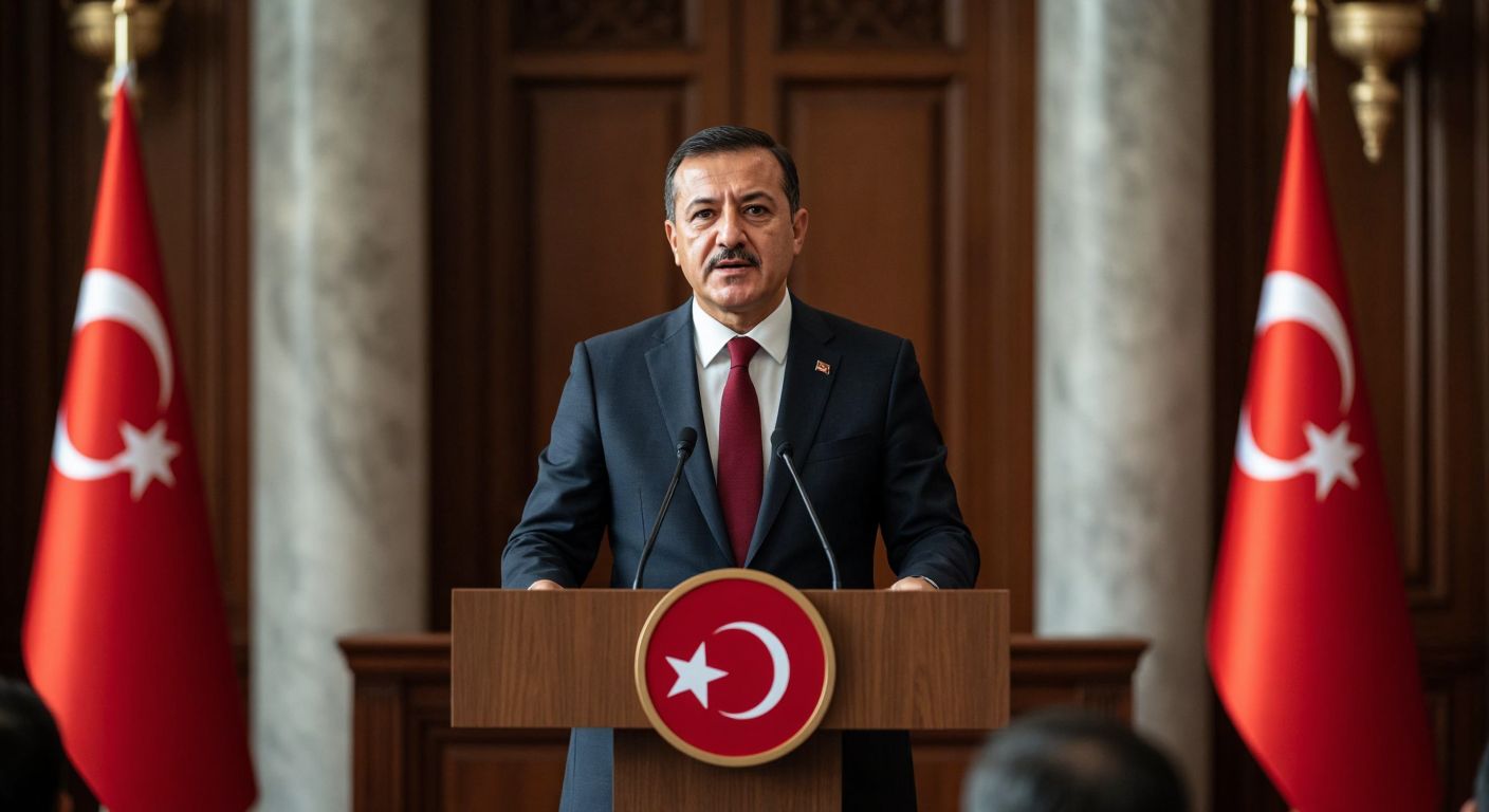 A confident middle-aged man in a formal suit stands at a podium in a government building, calmly addressing an unseen audience while Turkish flags flank the stage, symbolizing stability amid rumors.