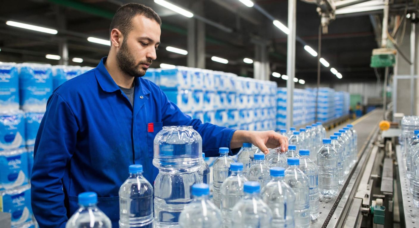 A Turkish factory worker in a blue uniform carefully inspecting rows of clear plastic and glass bottles filled with water on a conveyor belt, with stacks of packaged beverages in the background under bright industrial lights.