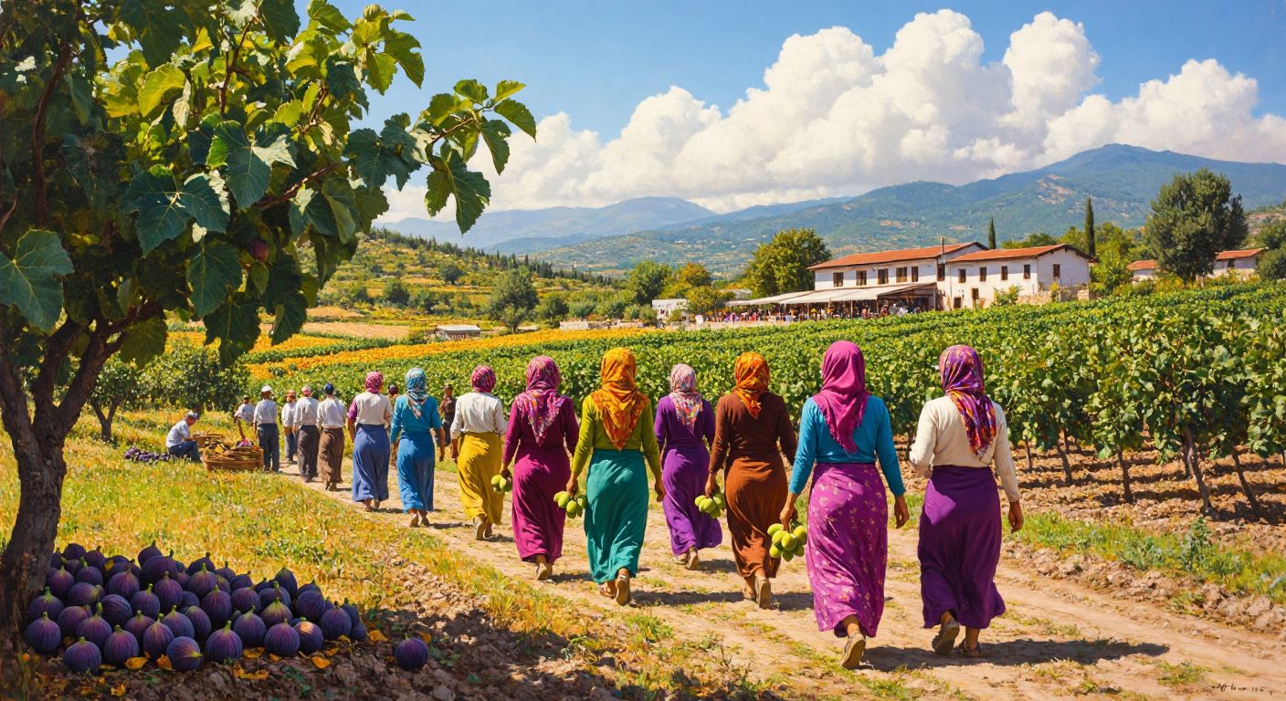 A sunlit field in Nazilli with women in colorful headscarves harvesting figs, while others in factory uniforms walk toward a textile plant, and a group chats outside a bustling local café.