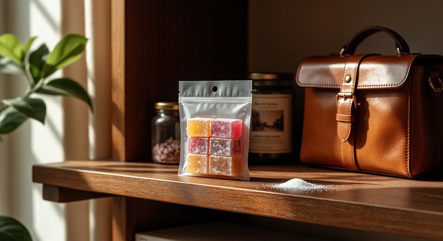 A small, translucent packet of silica gel rests on a wooden shelf beside a freshly packaged box of Turkish delight, a leather handbag, and a vintage photo album, symbolizing moisture protection for various items.