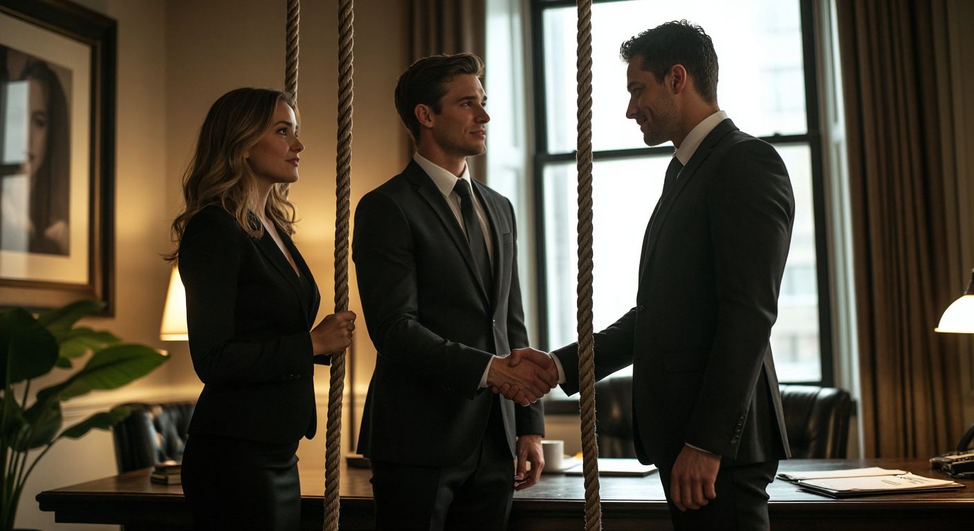 A dimly lit, intimate room with two consenting adults, one gently holding a silk rope while the other looks up with trust, contrasted by a bright office scene where a professional in a sleek suit shakes hands with a client over documents.  

(Note: The description avoids explicit content while capturing the duality of the query's interpretations—BDSM and business—through contrasting visual moods and settings.)