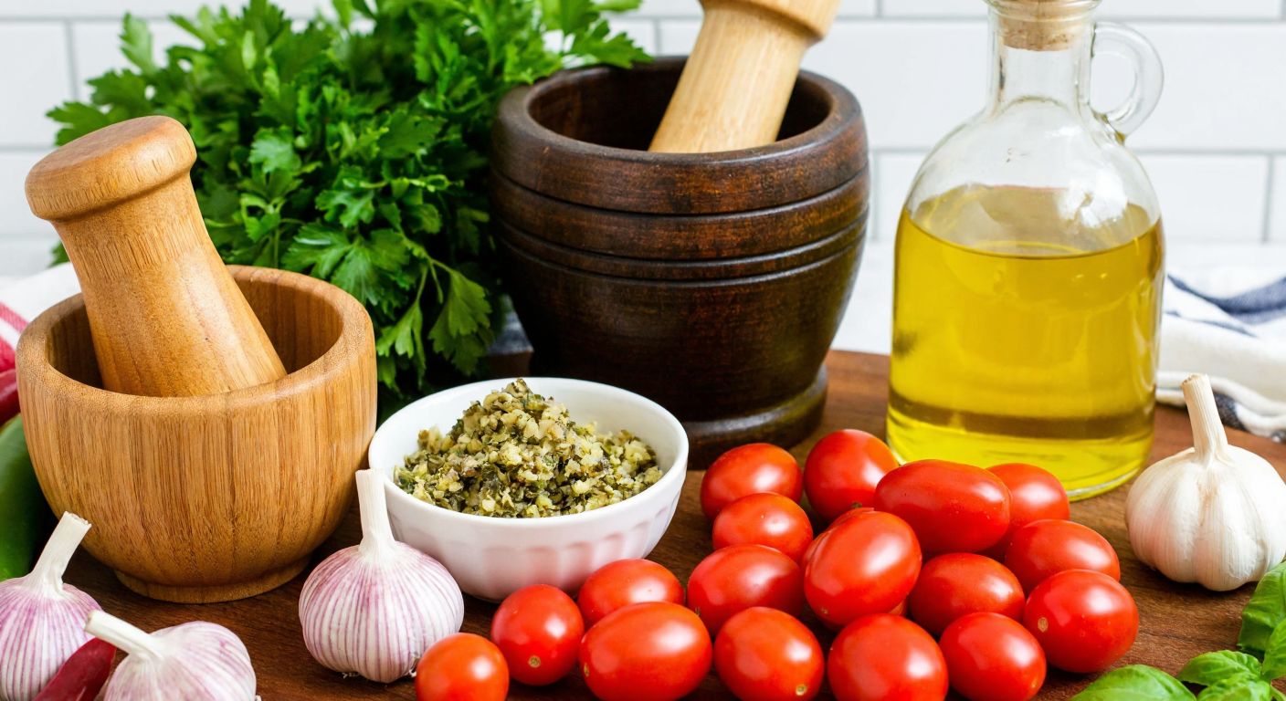 A vibrant Turkish kitchen counter displays fresh ingredients for green pasta sauce—ripe cherry tomatoes, fragrant parsley, crushed walnuts, garlic cloves, and olive oil in a glass bottle—arranged neatly beside a wooden mortar and pestle.