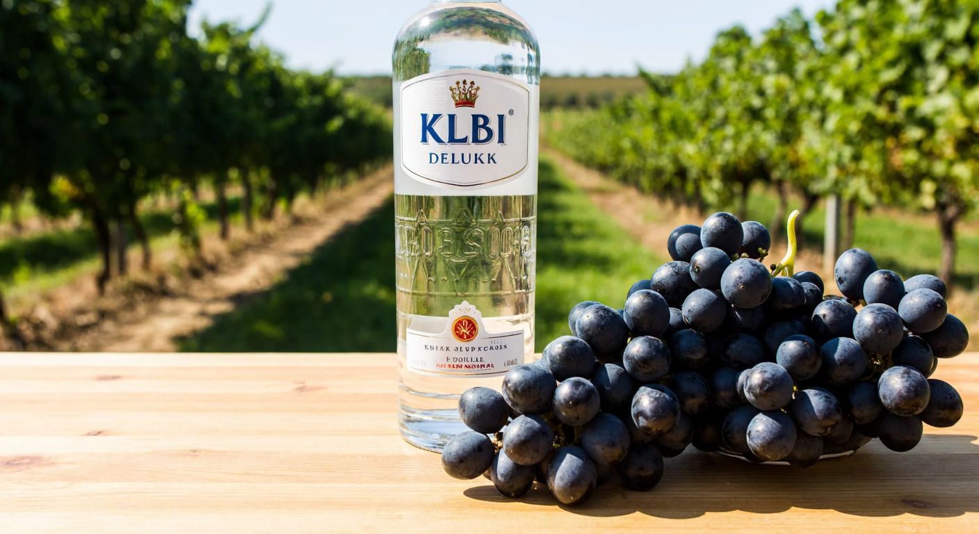 A clear glass bottle of Kulüp Delüks rakı resting on a wooden table beside a bunch of fresh, dark purple grapes, with a sunlit vineyard stretching into the background.