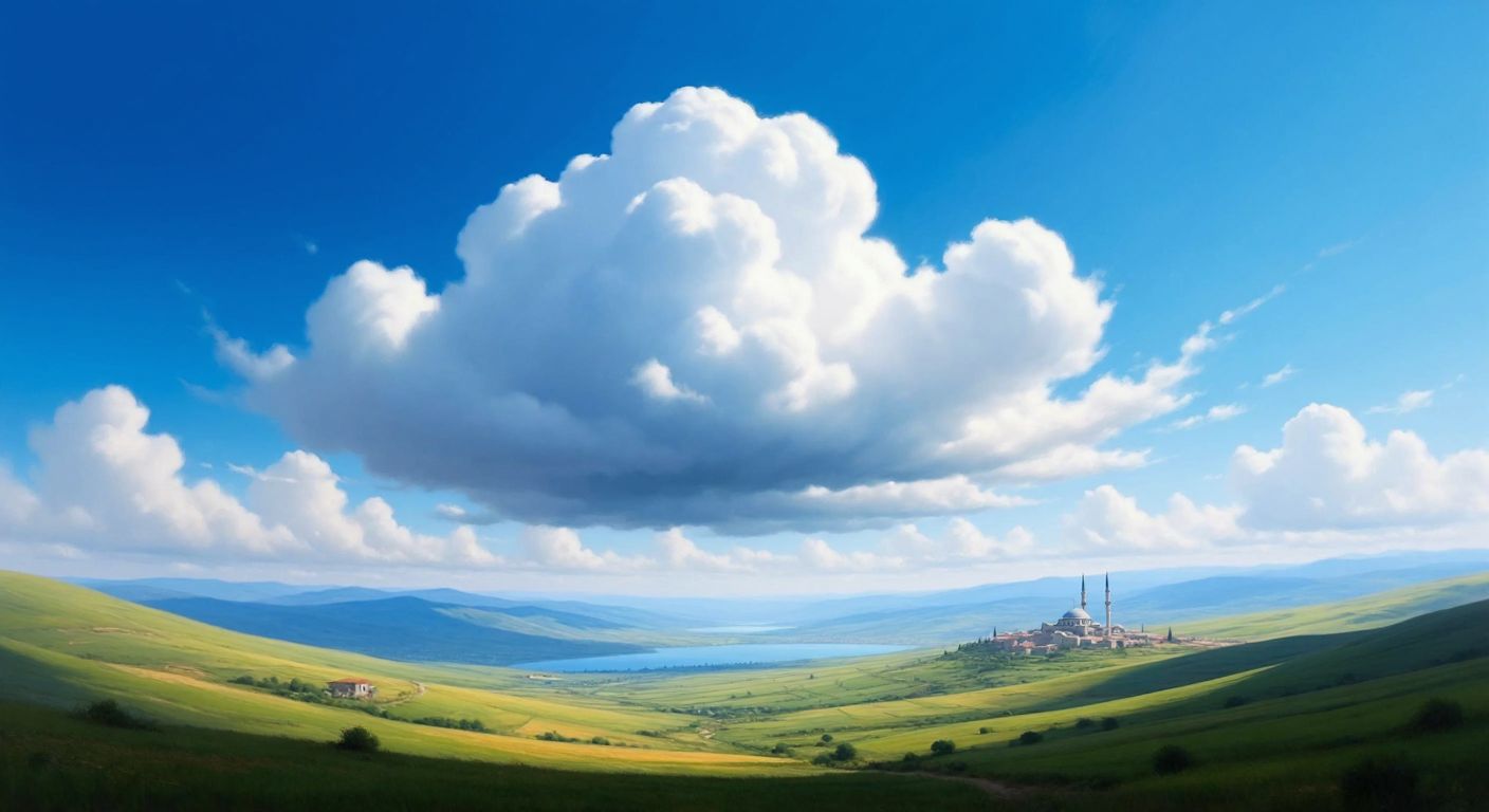 A soft, fluffy white cloud floats in a bright blue sky over a tranquil Turkish landscape with rolling green hills and a distant minaret.