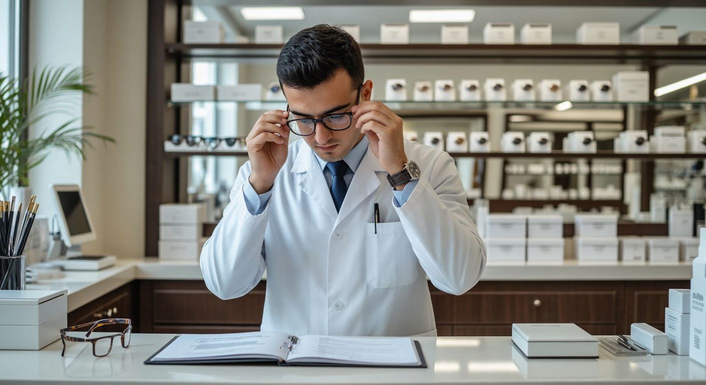 A neatly dressed optician in a Turkish optical shop carefully adjusts eyeglasses while a well-organized resume lies on the counter beside them.