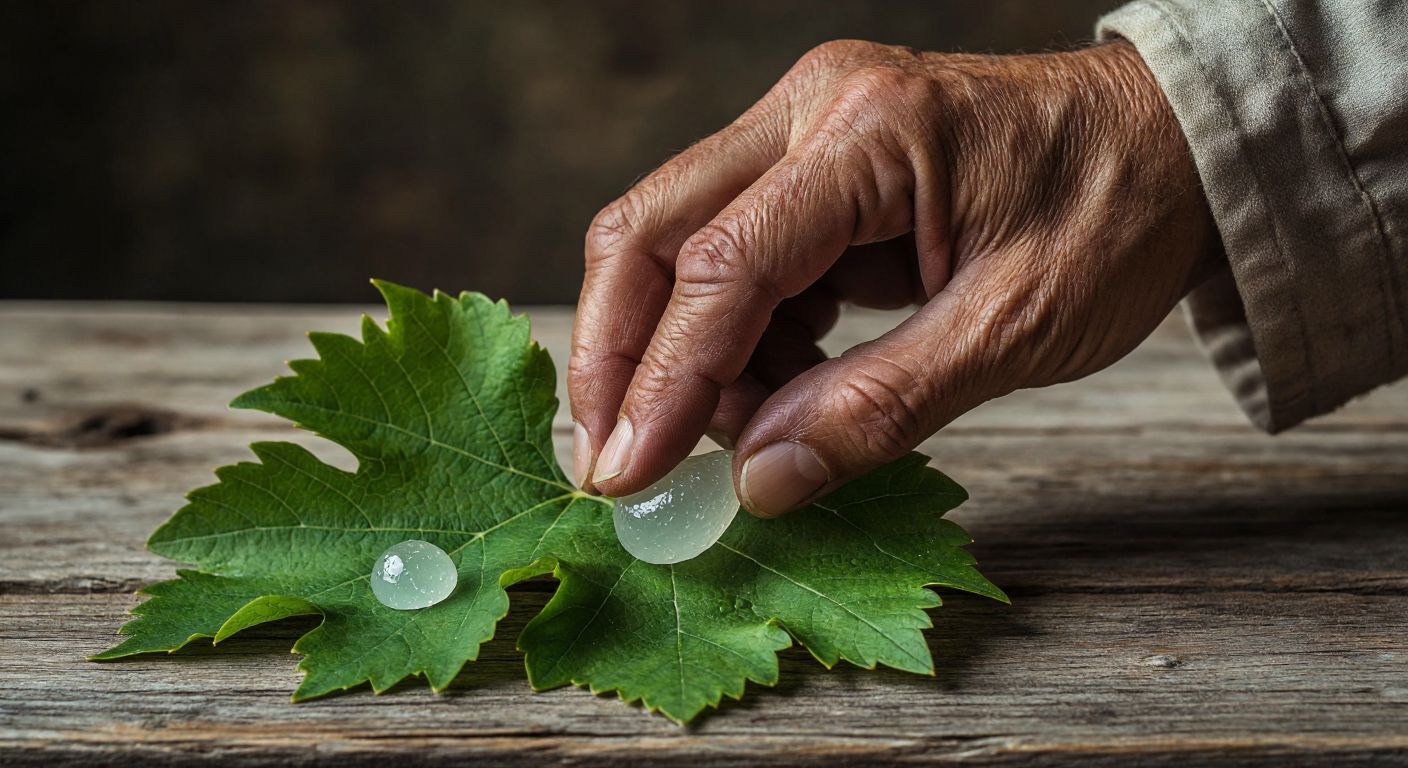 A close-up of a weathered Turkish hand carefully applying a translucent bead of cold silicone onto a vibrant green grapevine leaf resting on a rustic wooden table.  

(Note: The description avoids all prohibited elements while incorporating Turkish cultural context through the hand's appearance, the grapevine leaf, and the rustic setting.)