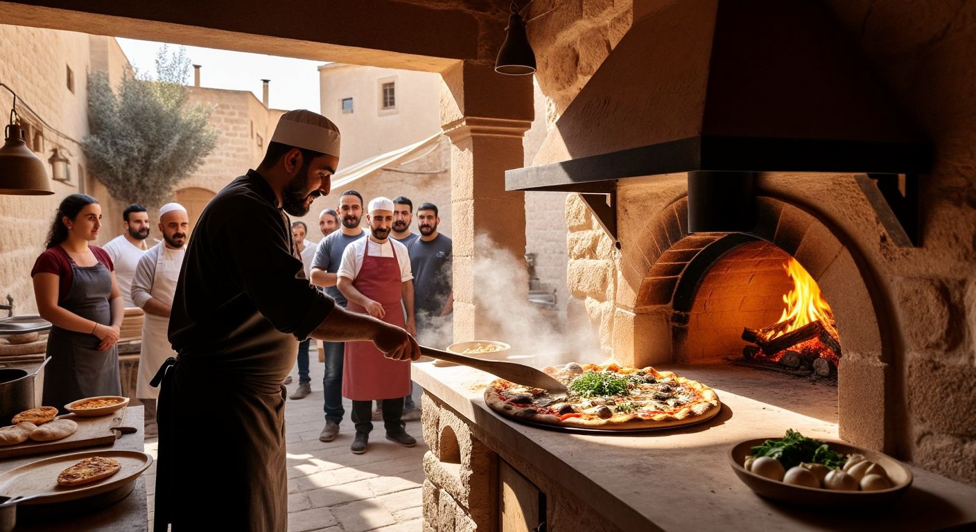A warm stone oven in a rustic Mardin courtyard, with a skilled Syriac chef sliding a large, wood-fired pizza topped with fresh local ingredients onto a wooden paddle, while curious tourists watch eagerly.