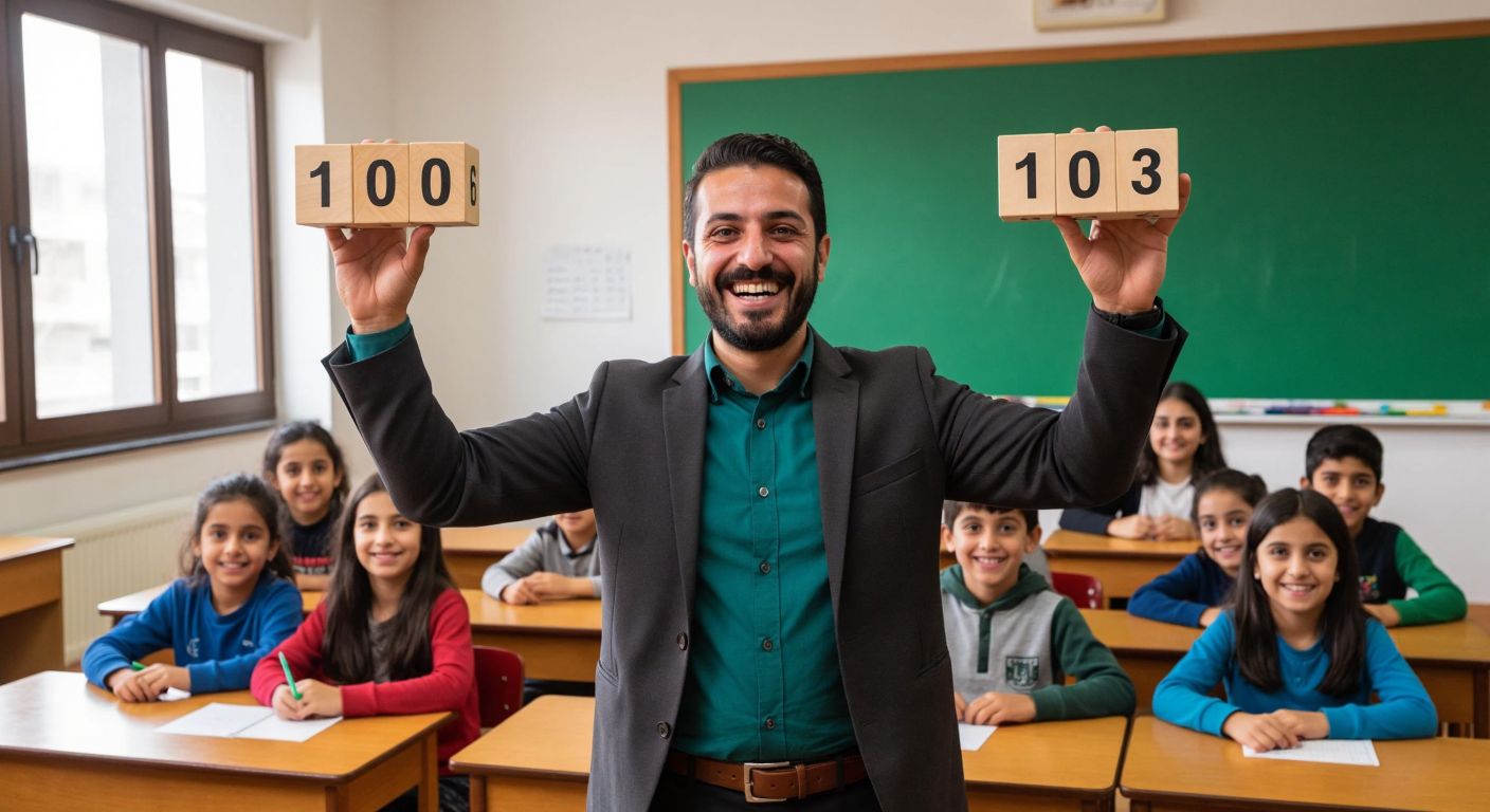 A cheerful Turkish teacher in a classroom holds up three large 100-unit blocks and one small 10-unit block while smiling students count them on wooden desks.