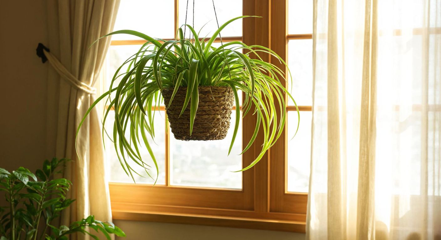 A lush green spider plant with cascading leaves hangs in a woven basket near a sunlit window with sheer curtains in a cozy Turkish home.