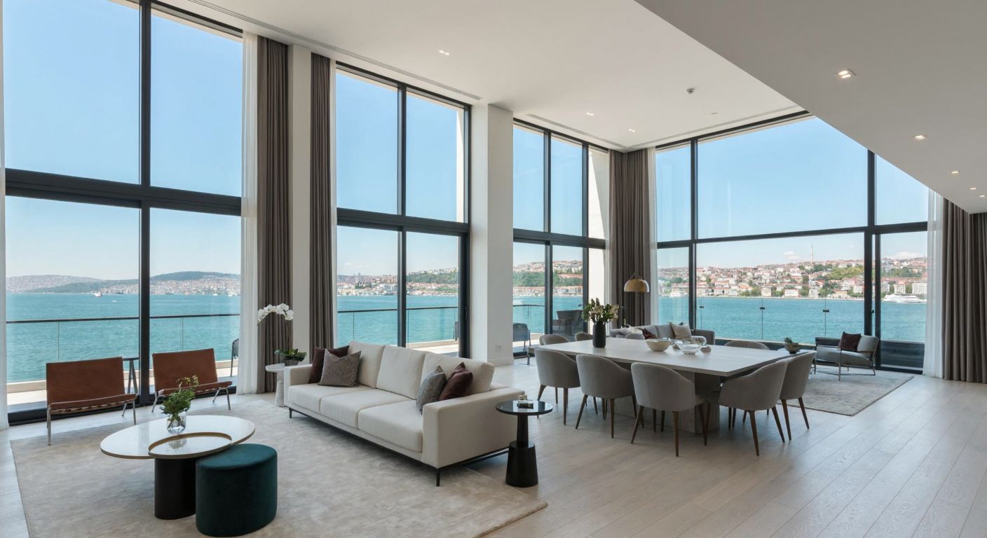 A modern, spacious luxury apartment in Turkey with high ceilings, large windows overlooking the Bosphorus, and elegant minimalist furniture, showcasing different room sizes to reflect the discussed square meter ranges.