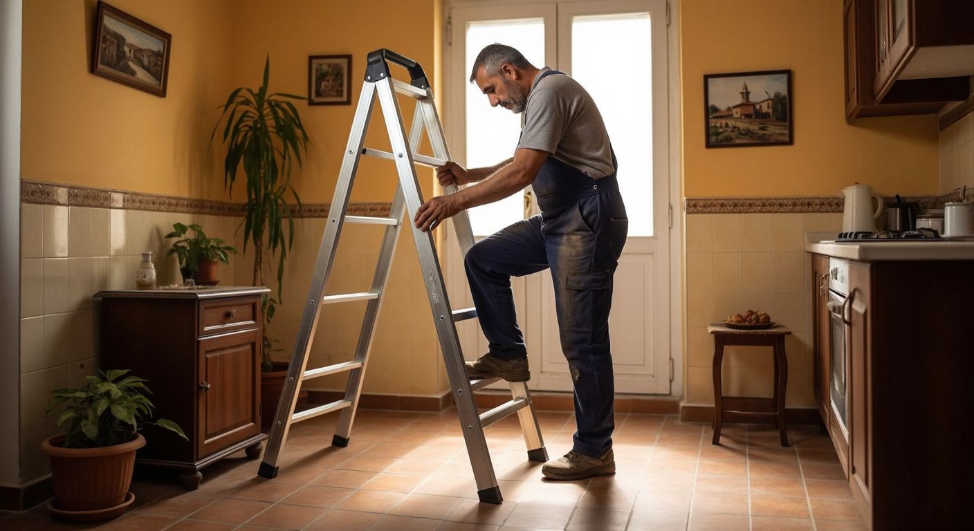 A sturdy aluminum three-step ladder stands on a tiled floor in a Turkish home, with a cautious middle-aged man in work clothes gripping both sides firmly as he steps onto the second step.