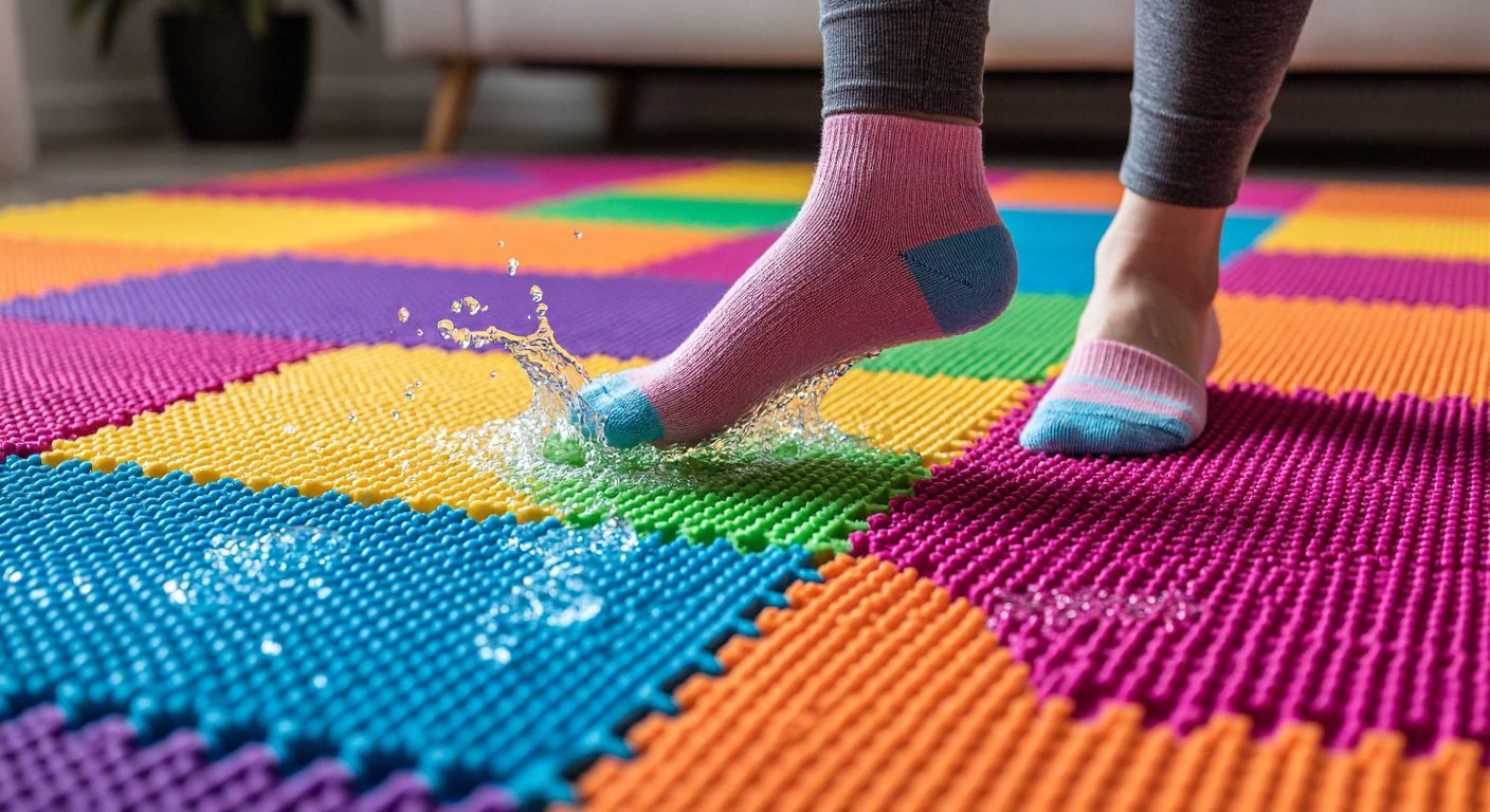 A vibrant, textured EVA foam carpet in a Turkish home, being stepped on by a smiling person in socks, with a small water spill nearby that beads up without soaking in.